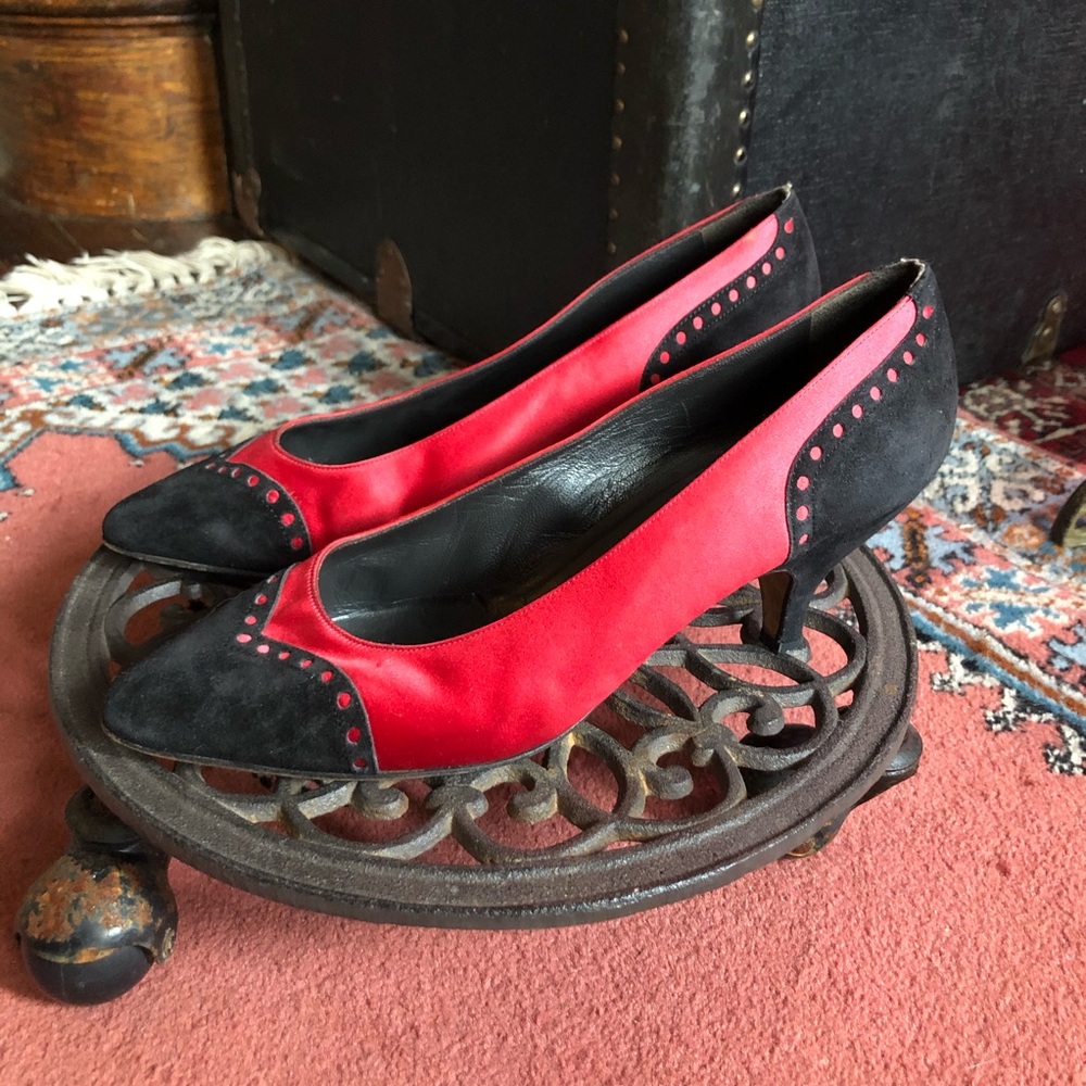 Red Prada Kitten Heels w/ Black Embellished Detail